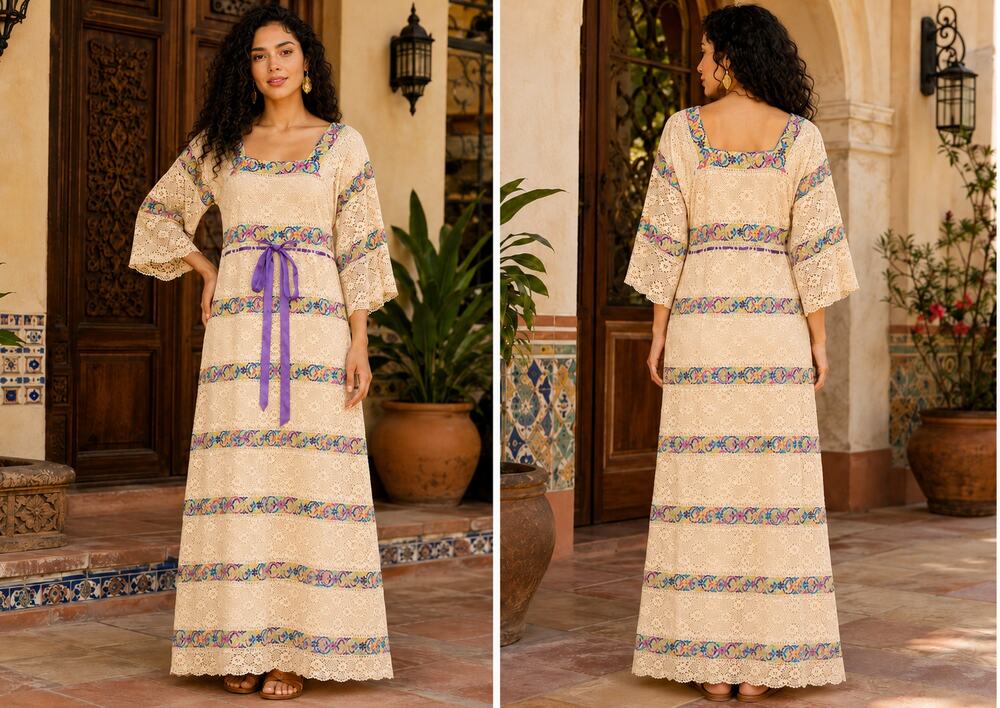 Vintage 1960s Mexican Embroidered Crochet Boho Wedding Maxi Dress